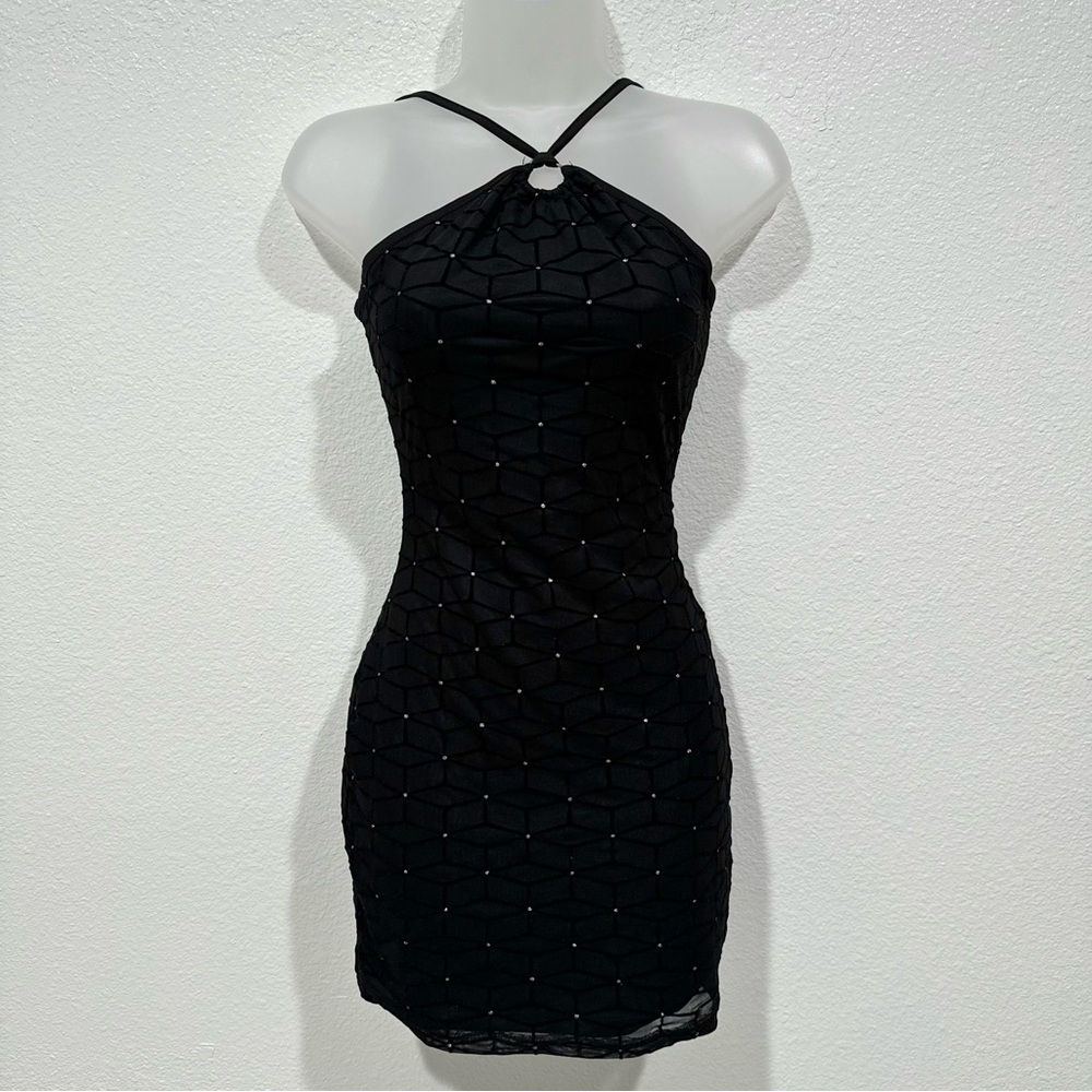 shein black sequin rhinestone cross cami spaghetti strap bodycon fitted dress
